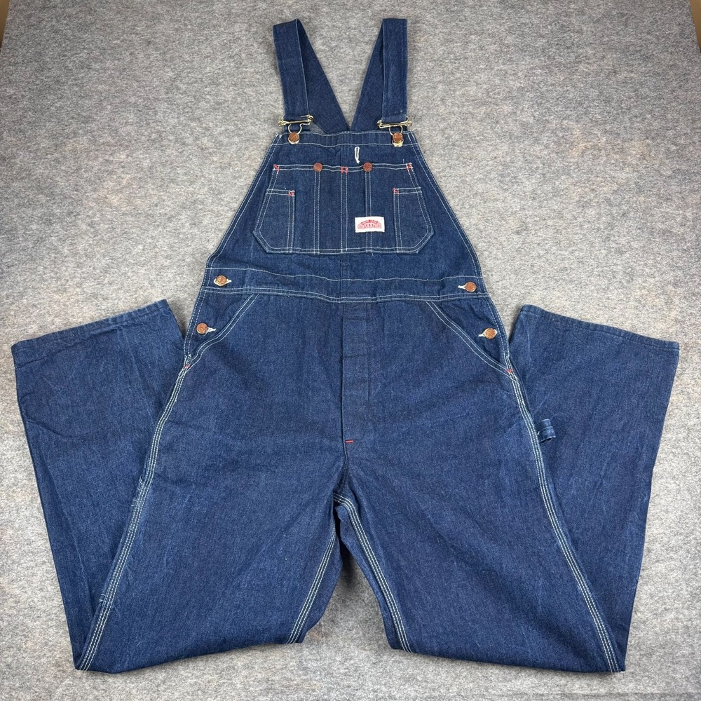 Vintage Round House Carpenter Style Dark Wash Denim Bib Overalls USA Mens 32x30